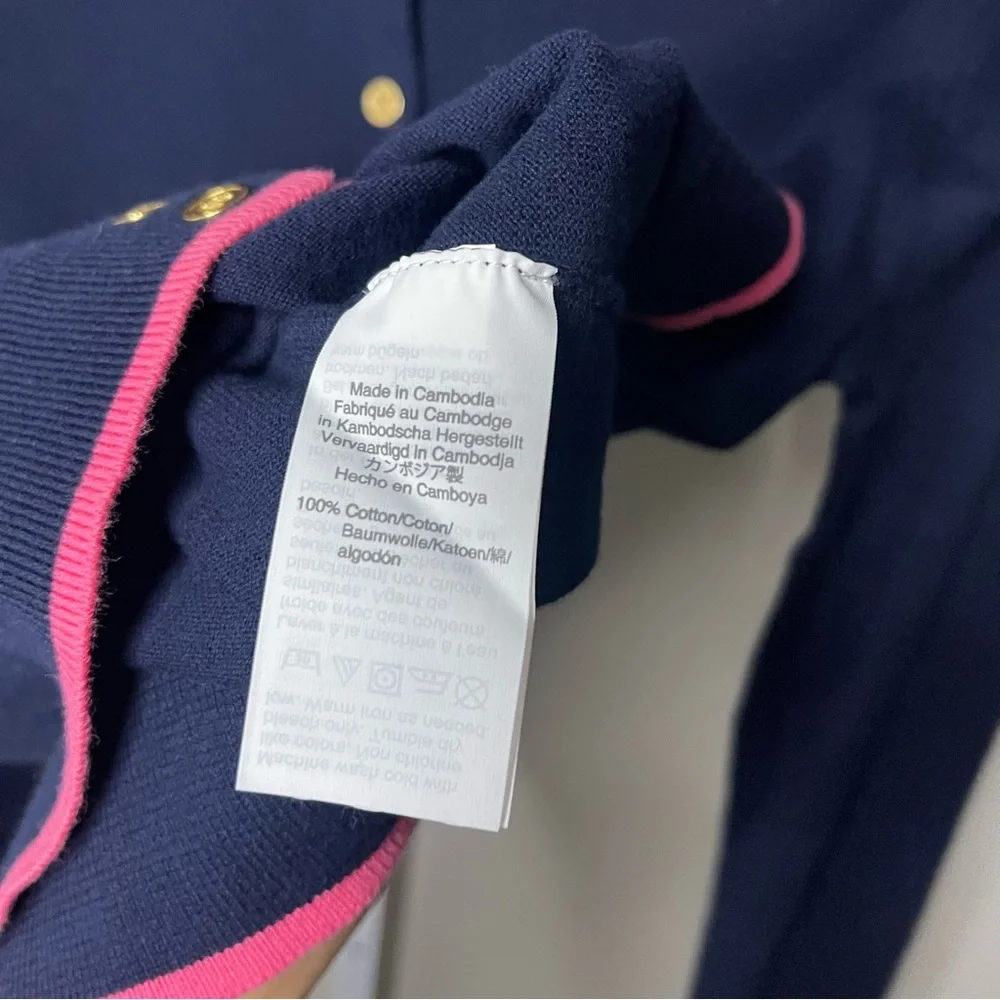 J.Crew Navy Blue Cardigan Pink Trim Gold Buttons Cotton Sweater Size Small